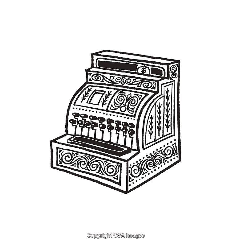 Vintage Ornate Cash Register Black and White Line Art Illustration