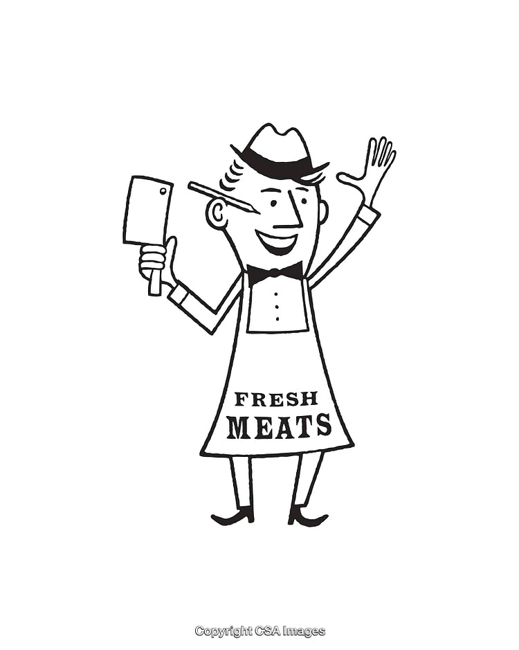 Retro Line-Art Illustration of a Friendly Butcher Holding a Cleaver