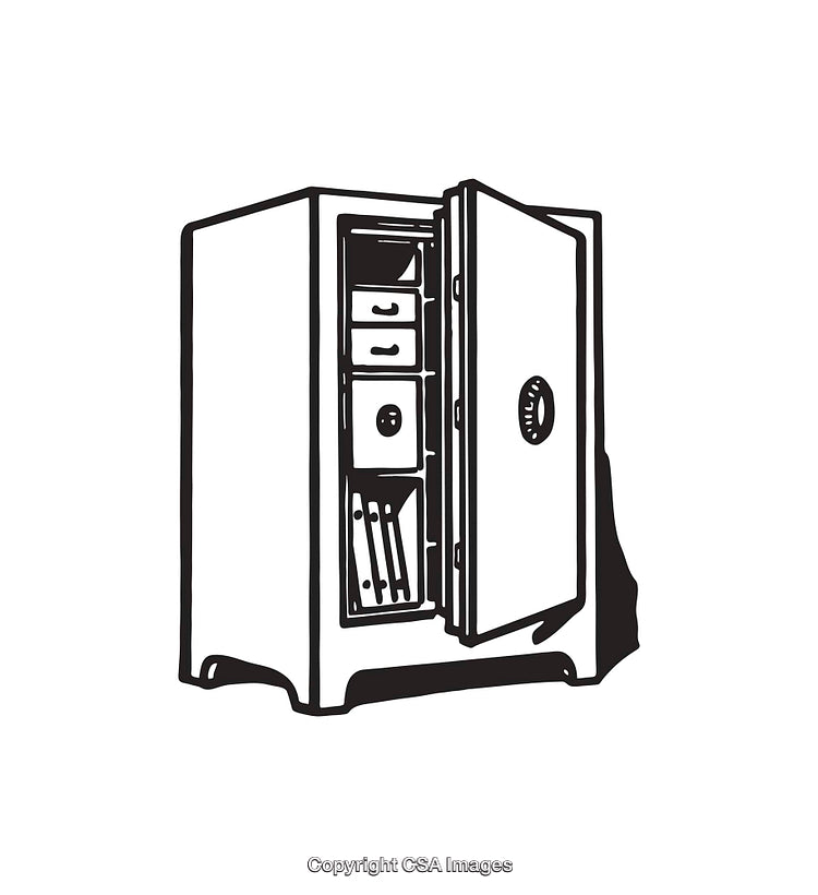 Black and White Illustration of an Open Safe Containing Documents and Drawers