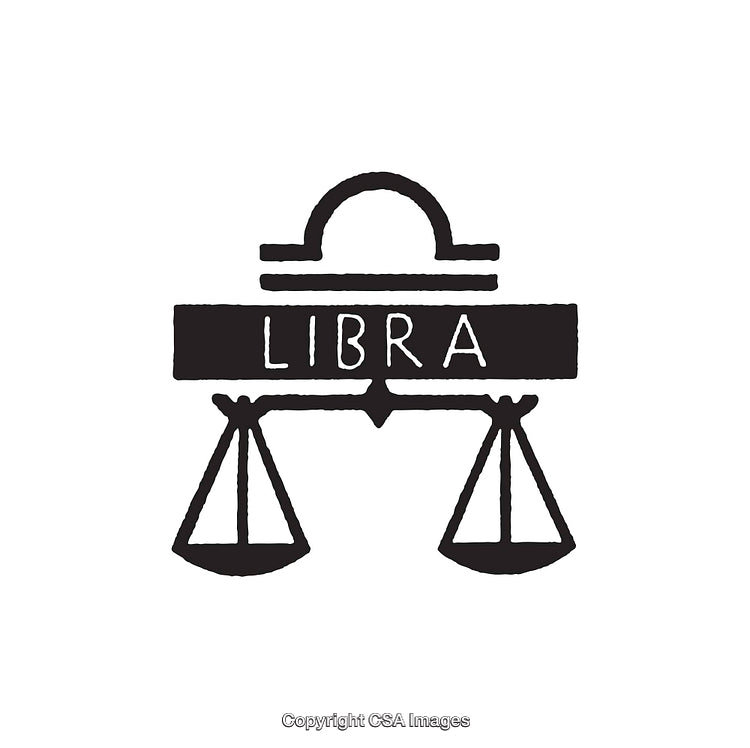 Black and White Libra Zodiac Line Art Illustration with Balance Scales