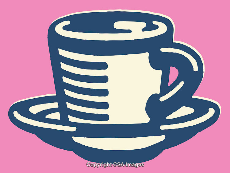 Colorful Line Art Illustration of a Cup and Saucer on Pink Background