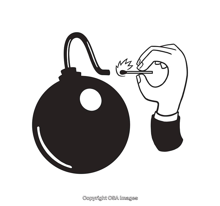 Black And White Illustration of a Hand Lighting a Bomb with a Match