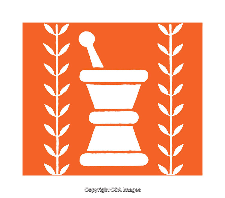 White Mortar and Pestle Icon on Orange Background with Herb Motifs