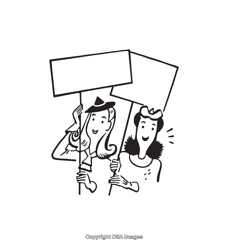 Retro Style Illustration of Two Women Holding Blank Sign Boards