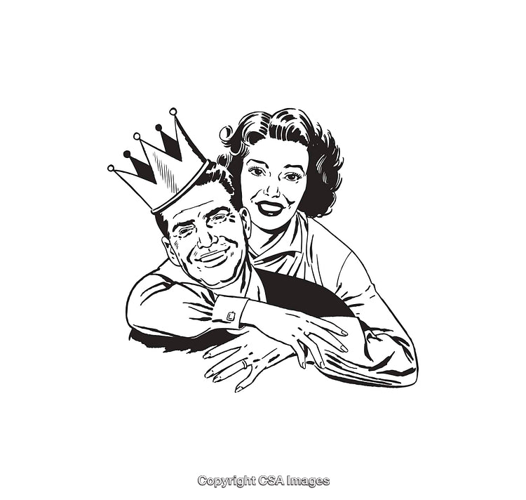 Retro Style Illustration of Couple with Crown Embracing in Black and White