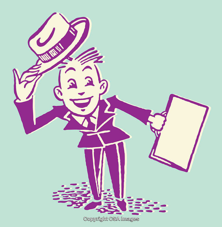 Retro Line Artwork of a Happy Man Tipping Hat and Holding a Sign