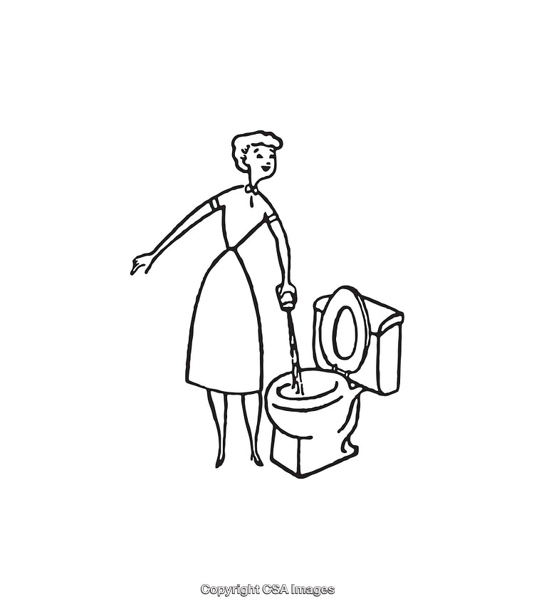Vintage Style Line Art of Woman Cleaning a Toilet with a Brush