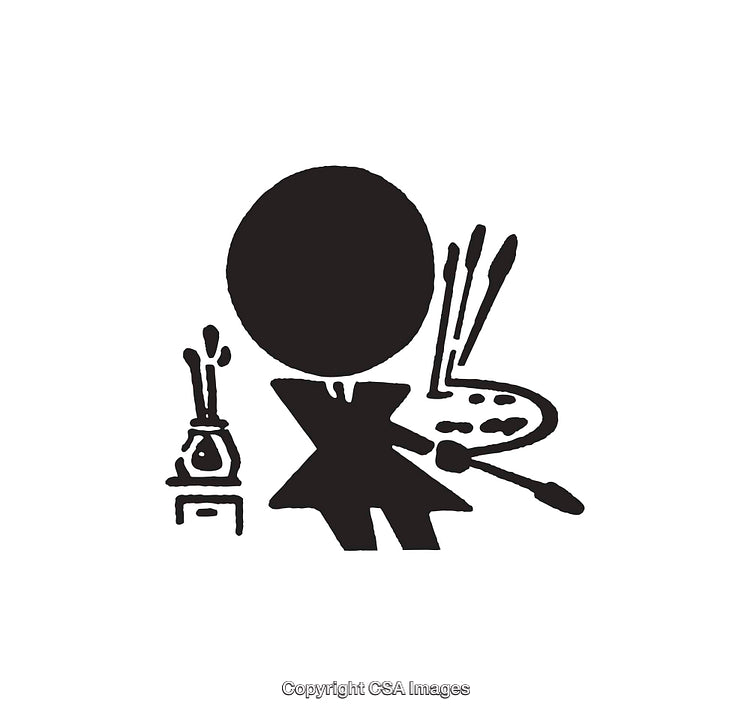 Black and White Illustration of an Artist with Paint Tools