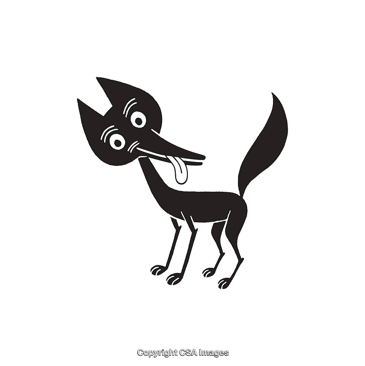 Quirky Black and White Illustration of a Playful Cartoon Dog