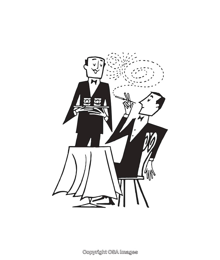 Elegant Dining Scene Featuring Waiter and Smoking Patron in Line Art Illustration