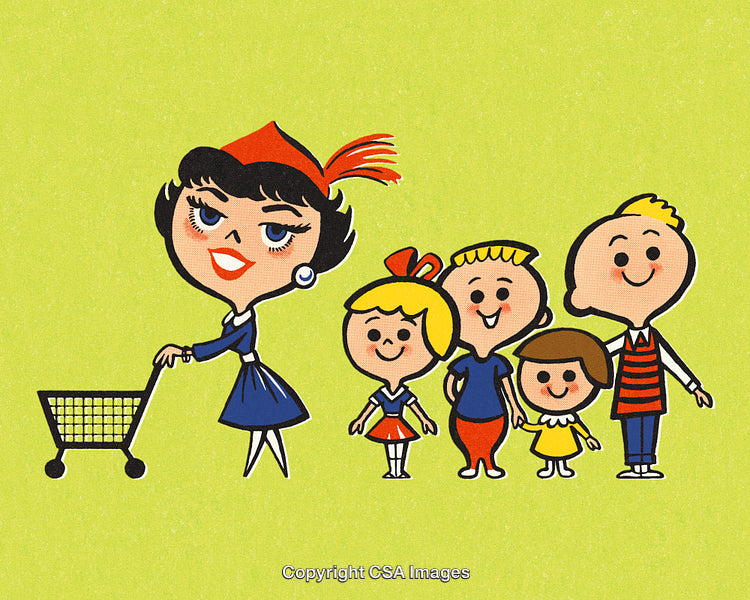 Retro Illustration of a Happy Family Shopping Together Smiling on a Vintage Design
