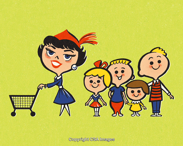 Retro Illustration of a Happy Family Shopping Together Smiling on a Vintage Design