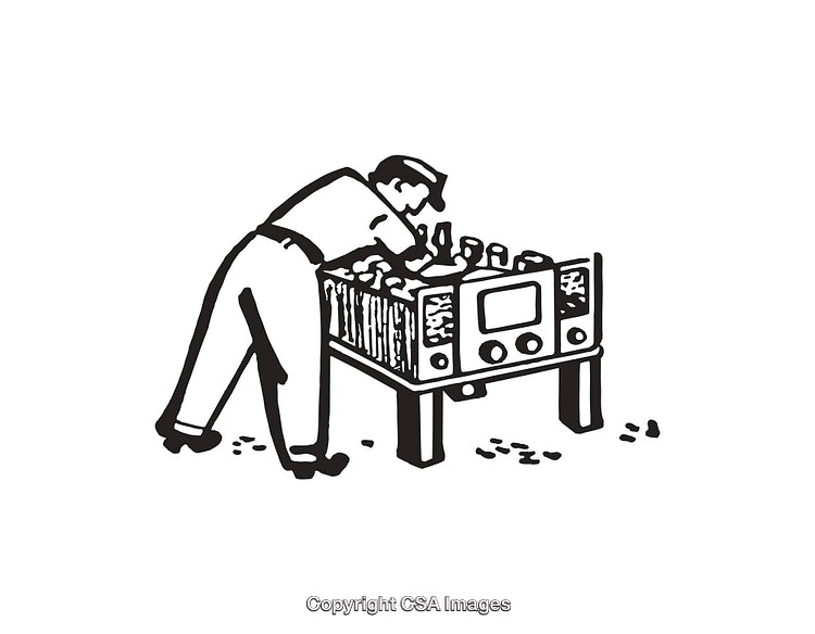 Vintage Black and White Line Art of Technician Operating Equipment