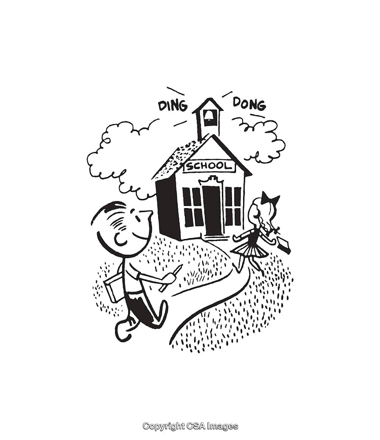 Retro Black and White School Illustration with Children Walking