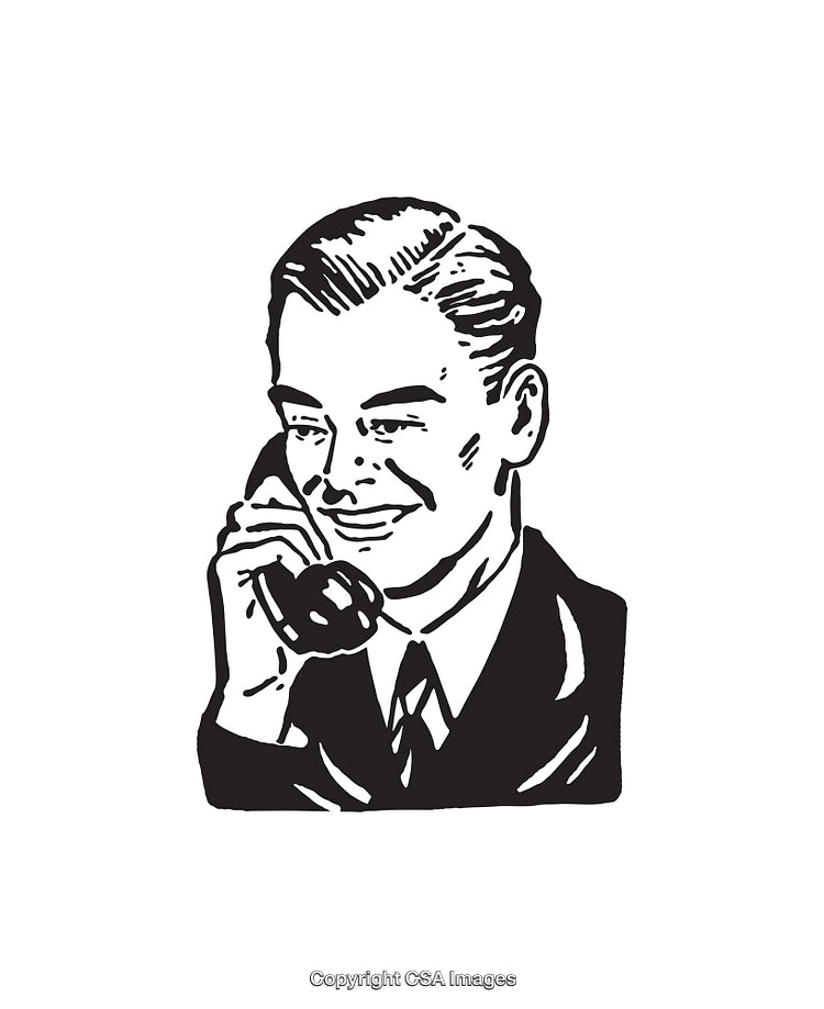 Retro Black-and-White Illustration of a Man Using a Rotary Phone