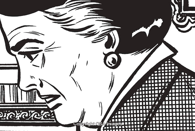Retro Black-And-White Illustration of an Elderly Woman in Thoughtful Expression