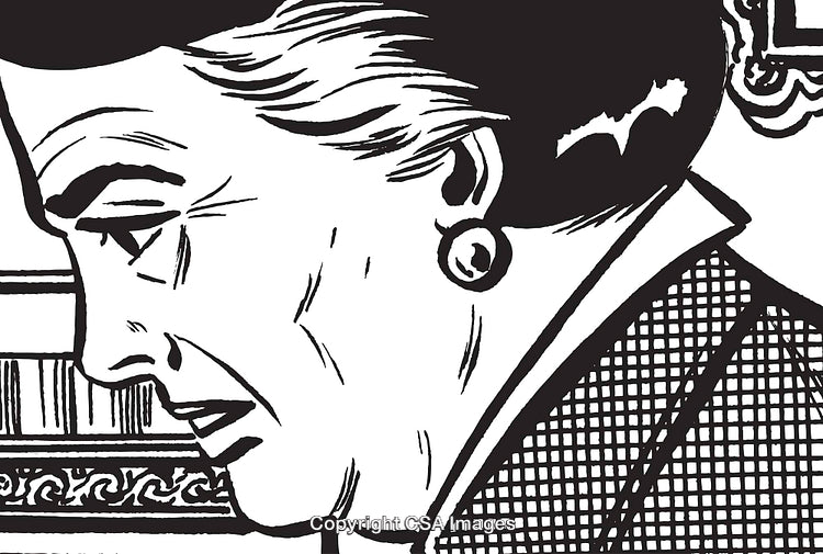 Retro Black-And-White Illustration of an Elderly Woman in Thoughtful Expression