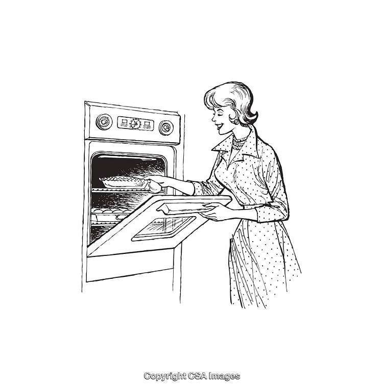 Vintage Line Art of a Woman Baking in a Retro Kitchen