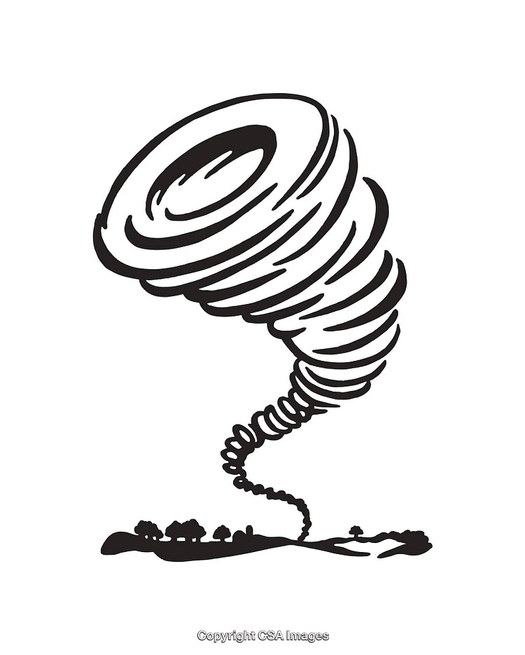 Black and White Illustration of a Whirling Tornado Over a Landscape