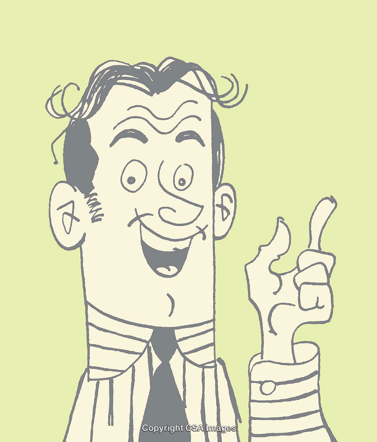 Humorous Line Art Illustration of a Grinning Man Pointing Upward