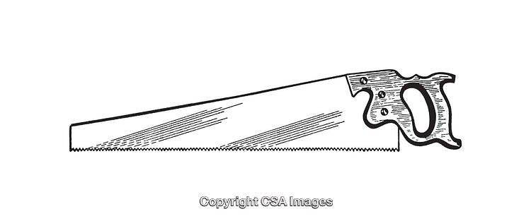 Vintage Hand Saw Illustration in Detailed Black and White Line Art Drawing