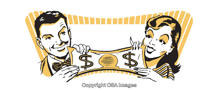 Retro Illustration of a Couple Holding a Bill with Dollar Signs
