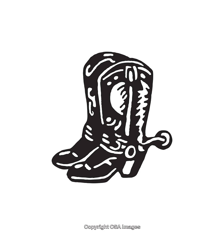 Black and White Illustration of Cowboy Boots With Spurred Design
