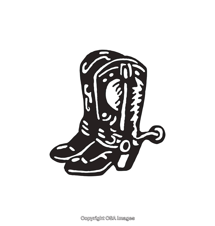 Black and White Illustration of Cowboy Boots With Spurred Design