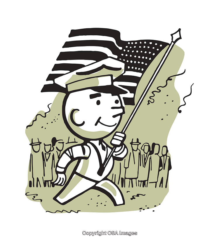 Cartoon Soldier Marching Proudly with a Flag in a Patriotic Parade