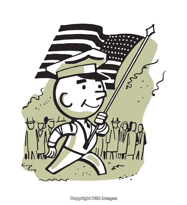 Cartoon Soldier Marching Proudly with a Flag in a Patriotic Parade