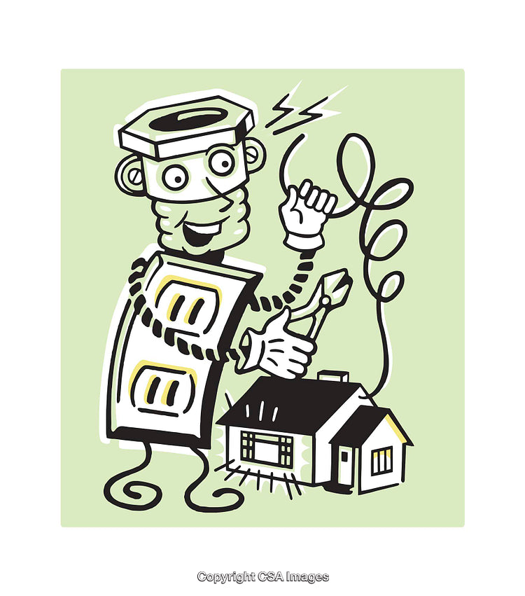 Whimsical Illustration of a Robot Electrician Maintaining a House Connection