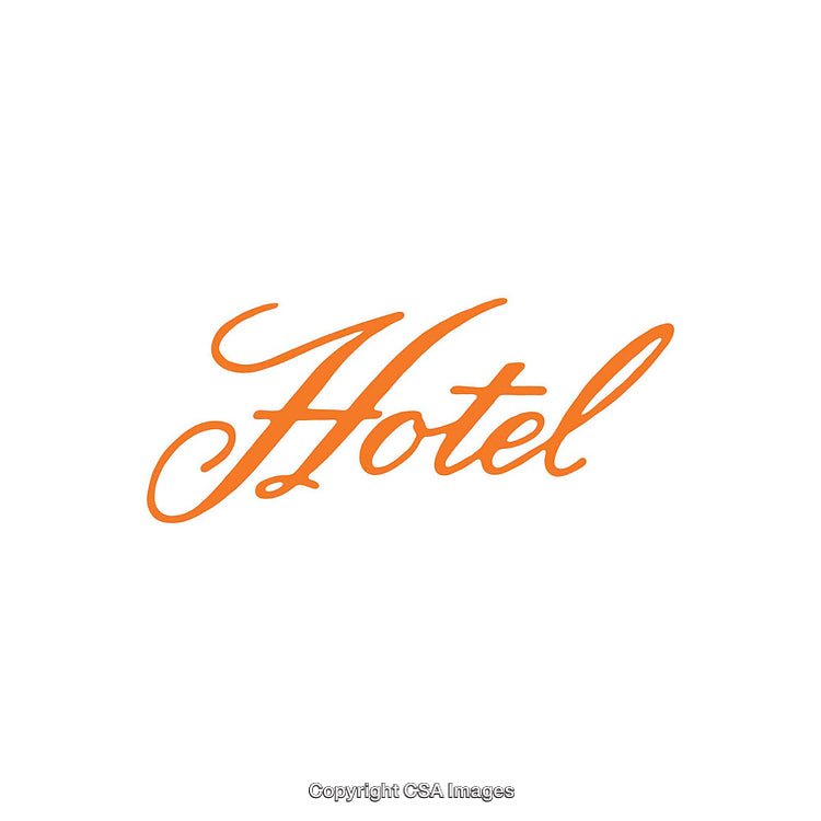 Orange Script Text Highlighting the Word 'Hotel' on Plain White Background
