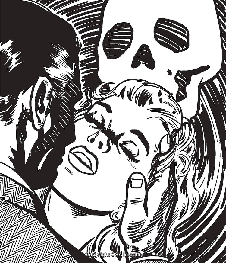 Dramatic Black and White Illustration of Romantic Encounter With Mystery and Symbolism