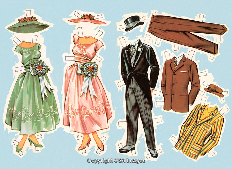 Vintage Paper Doll Clothing Set Including Elegant Dresses and Classic Suits