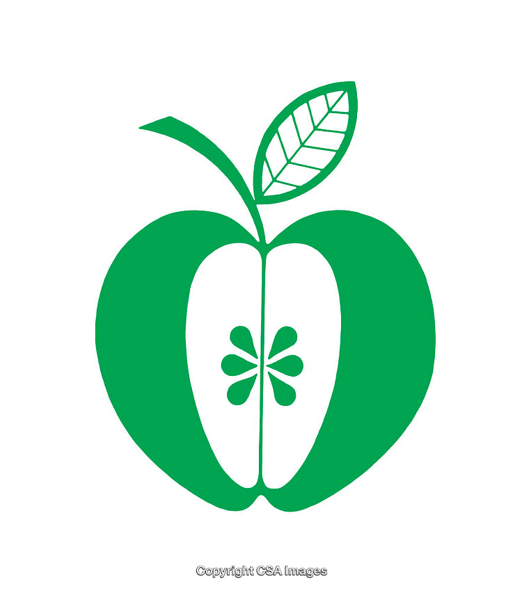 Green Apple Icon Showing Half Cut with Seeds and Leaf Illustration
