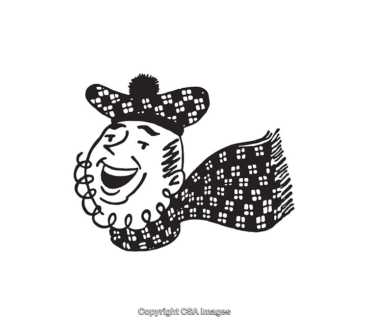 Black and White Illustration of a Happy Character in Plaid Attire