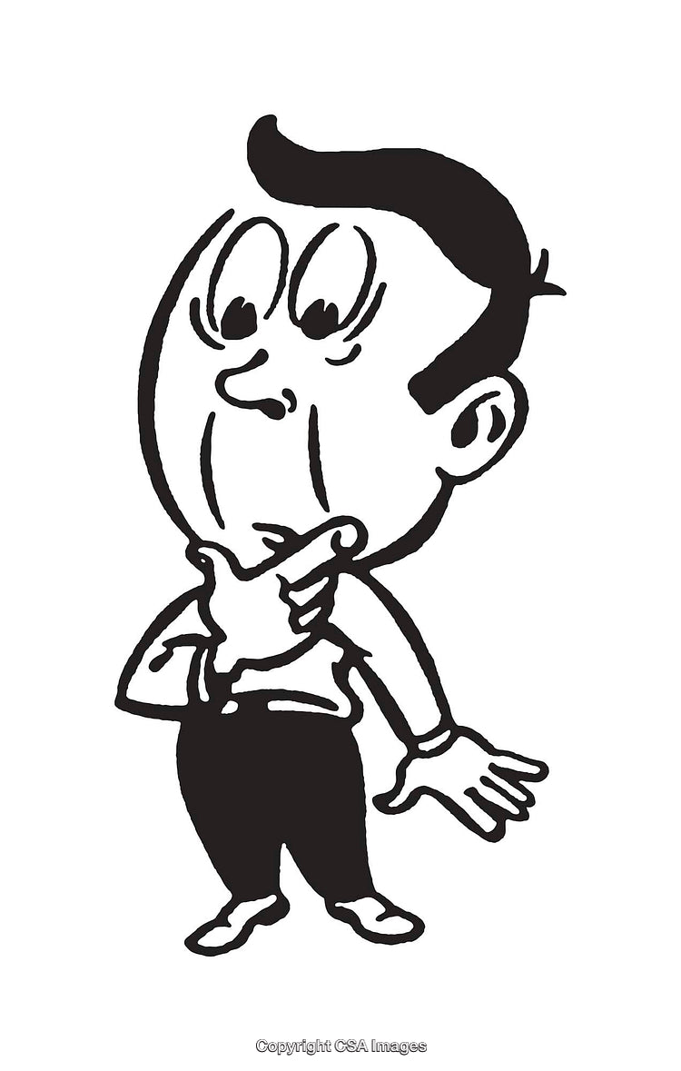 Black And White Cartoon Drawing of Pondering Character
