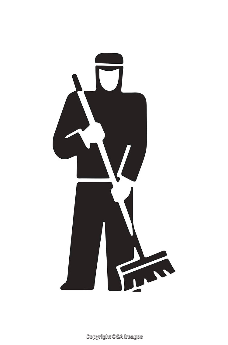 Black And White Icon Of Person Sweeping With Broom Illustration