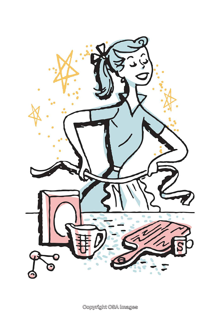 Vintage Inspired Illustration of a Happy Homemaker at a Kitchen Counter