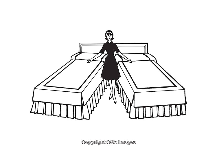 Black and White Illustration of Woman Between Two Single Beds