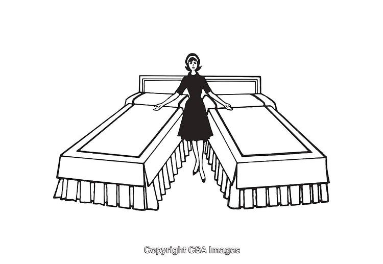 Black and White Illustration of Woman Between Two Single Beds