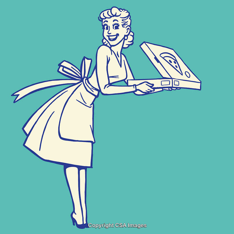 Retro Style Artwork of Woman Holding Pizza Box with Happy Expression