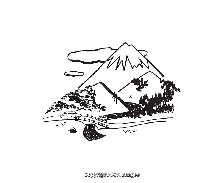 Scenic Mountain and Bridge Landscape Line Art with Car and Nature