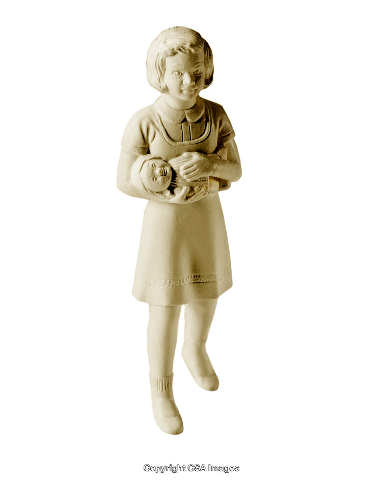 Vintage Statue of Girl Holding Doll Isolated on White Background
