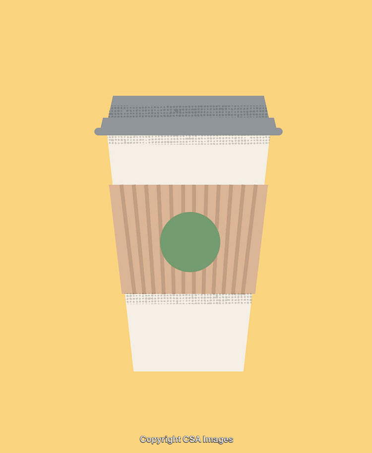 Illustrative Minimalist Coffee Cup with Sleeve on Bright Yellow Background