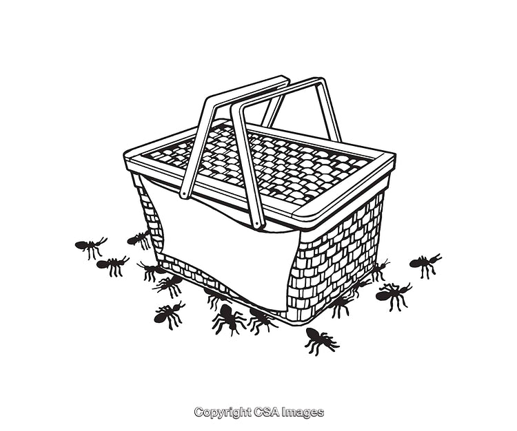 Illustration of a Picnic Basket Surrounded by Ants in Black and White