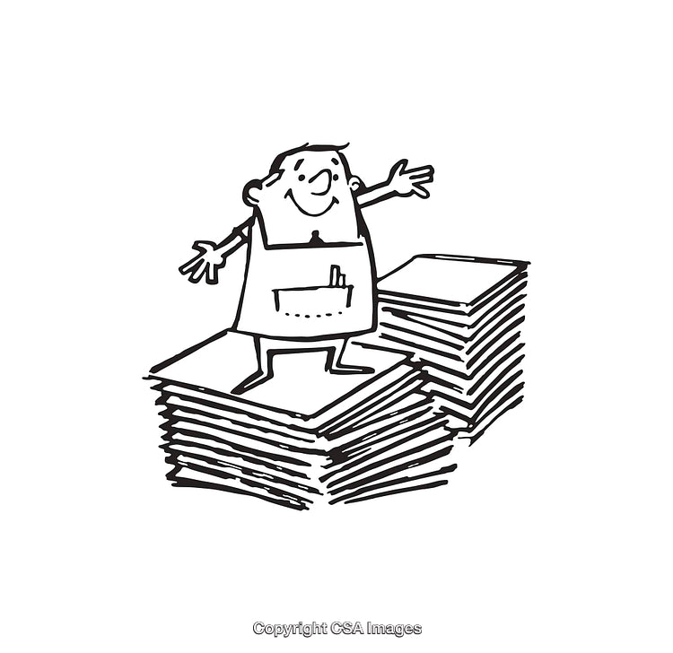 Happy Worker Standing on Stacks of Papers in Line Art Style