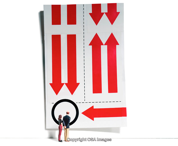 Miniature Figures Observing Large Diagram Display with Red Arrows