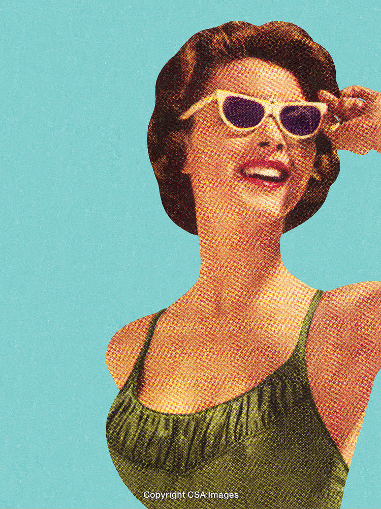 Retro Styled Smiling Woman in Sunglasses Against a Blue Background