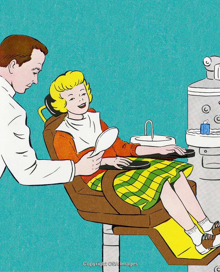 Vintage Illustration of a Dentist with Smiling Patient in Examination Chair